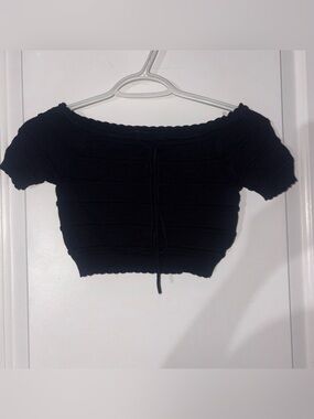 Revamped Black Ribbed Off-Shoulder Tie-Front Crop Top